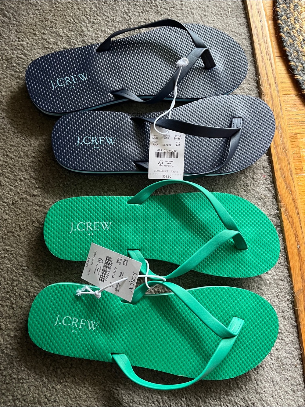 J. Crew Navy and Bright Green Flip Flops - Pair Set (women’s)